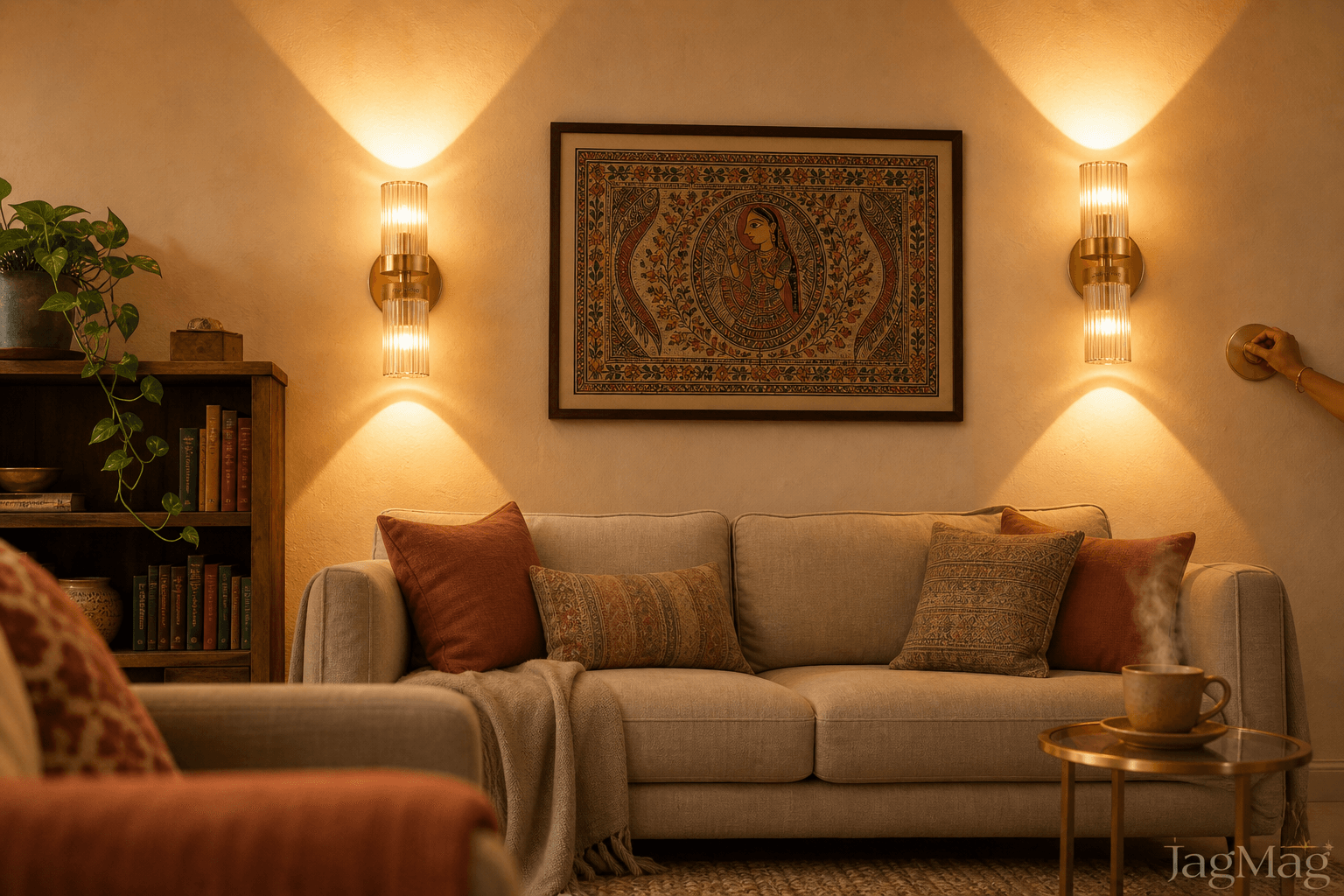 Wall lights for living room: pair of gold fluted glass sconces glowing beside Madhubani painting above an oatmeal sofa