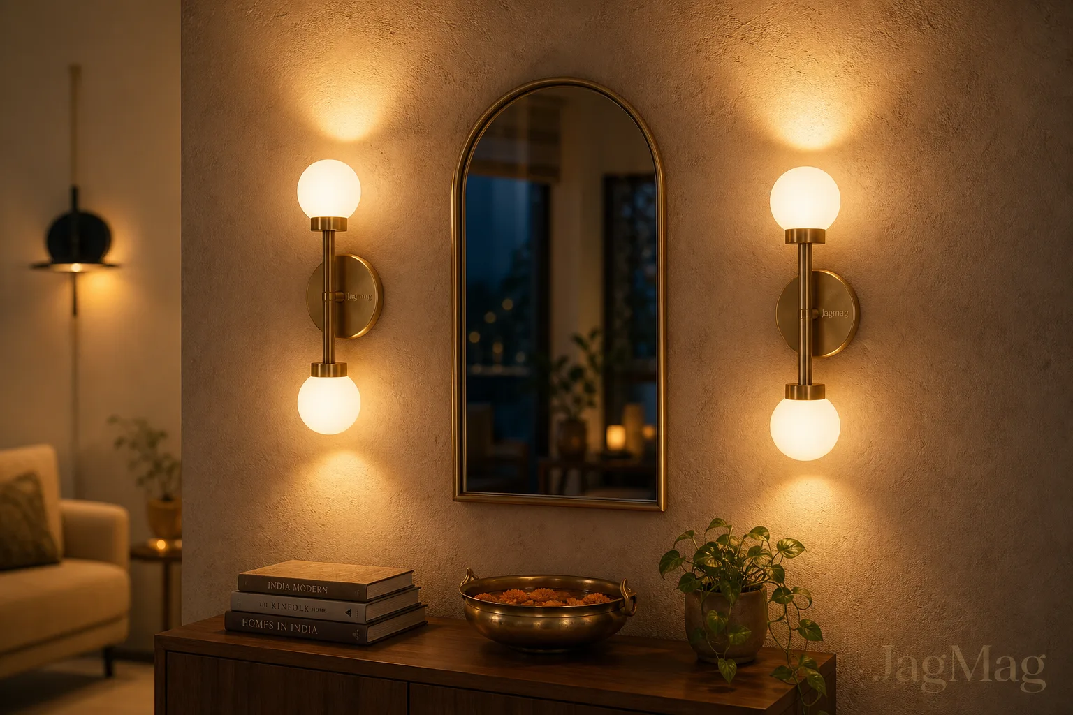 Wall Light Design Ideas: 9 Looks Indian Homes Love (2026) 1 Wall light design ideas — a pair of brass and opal glass up-and-down wall sconces glowing beside an arched mirror in an Indian living room, made in India by JagMag Lights