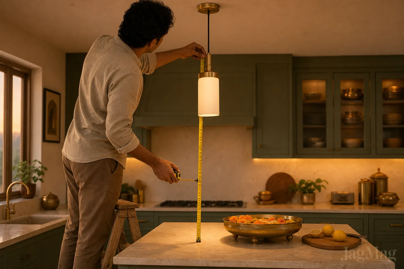 Pendant Light Height: How High to Hang Them in Every Room 1 Measuring pendant light height over a kitchen island with a tape measure