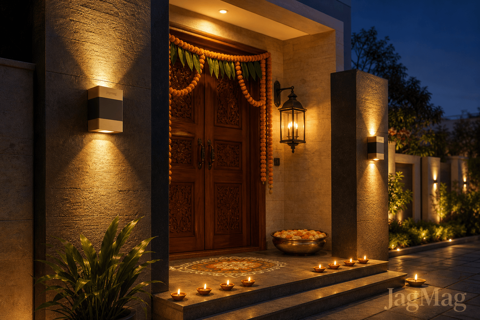 Outdoor Diwali lighting ideas — warm weatherproof outdoor wall lights glowing at an Indian home entrance with diyas, rangoli and a marigold toran on Diwali night