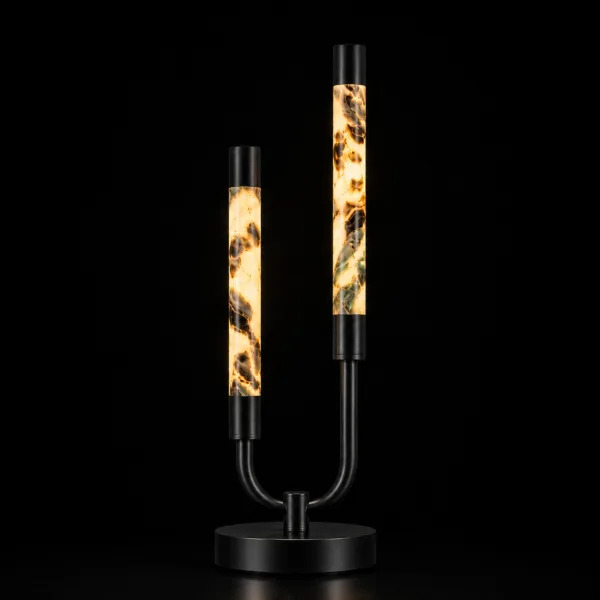 Dual alabaster tube table lamp warm amber glow black background
