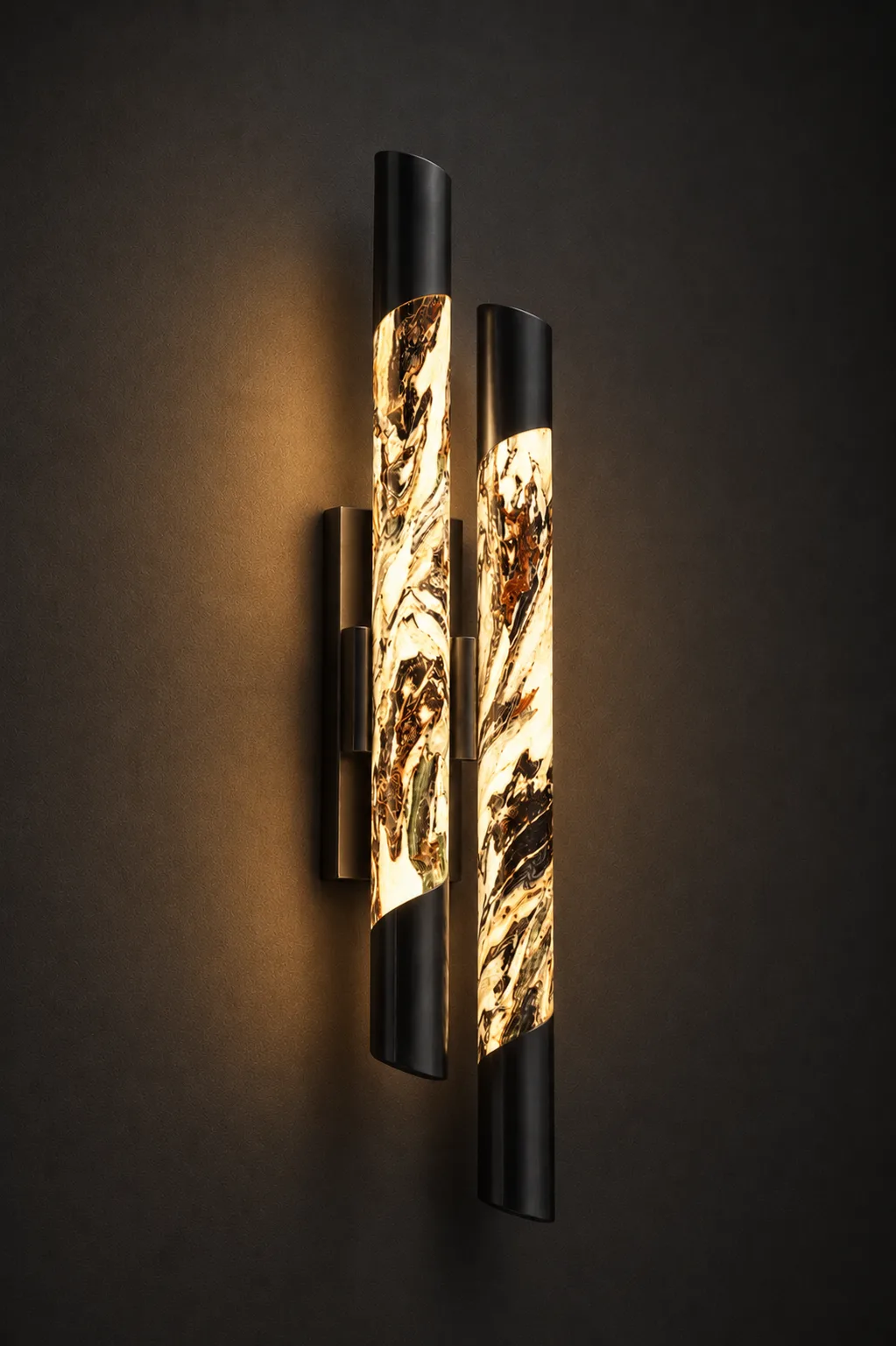 Black Alabaster Double Tube Wall Light 550 mm | Jagmag Lights 3 Black alabaster tube wall light glowing warm against dark background – Jagmag Lights