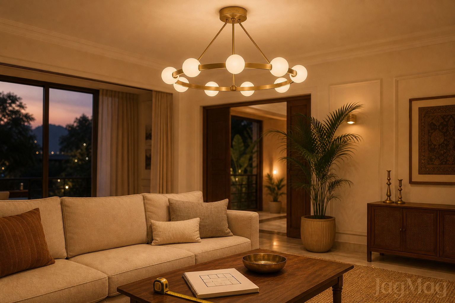 Living room chandelier size guide — a brass and opal-glass chandelier sized right and hung over a sofa in a warm Indian living room