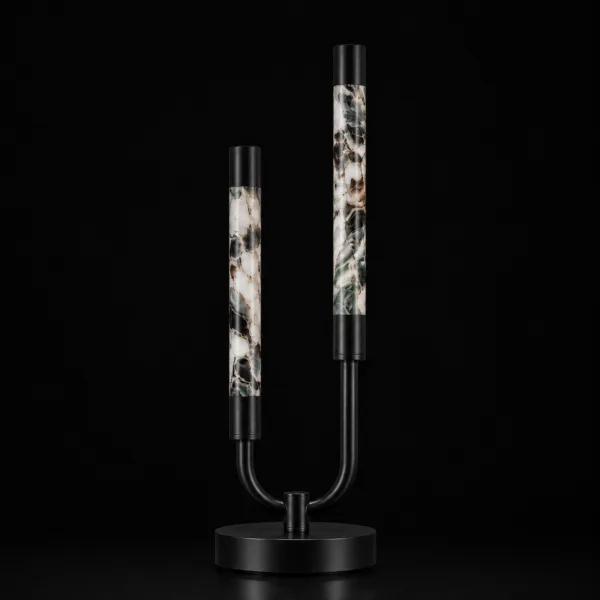 Double alabaster twist table lamp black background natural stone