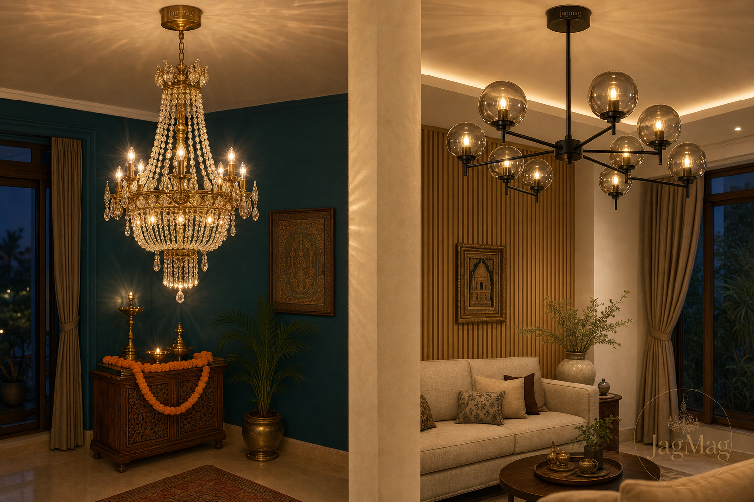 chandelier vs jhumar side by side in an Indian living room - crystal jhumar and modern glass chandelier