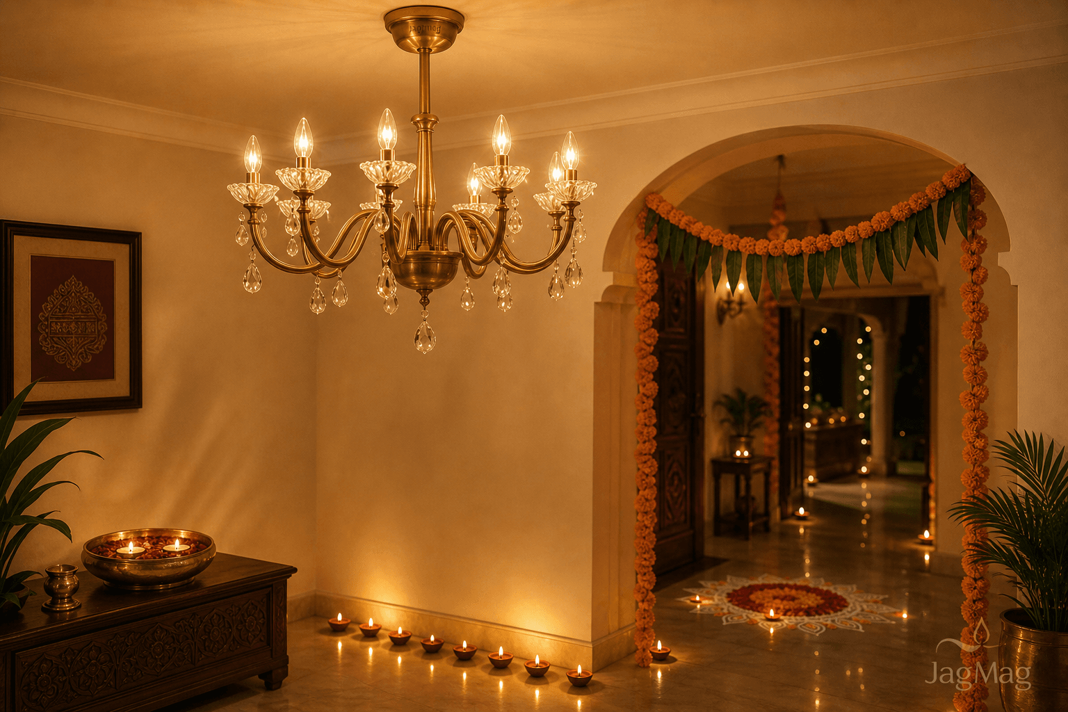 Diwali lighting ideas for an Indian home — a warm brass chandelier glowing over a foyer with clay diyas, a marigold toran and rangoli
