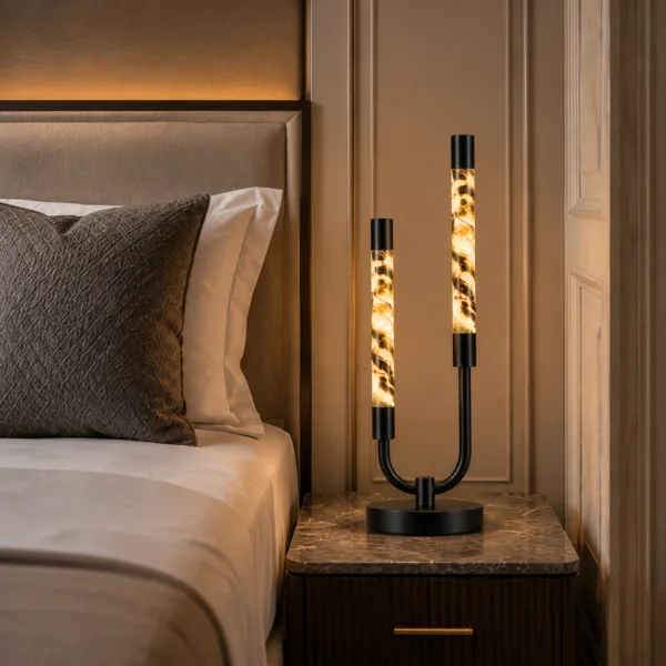Alabaster twist double table lamp on bedside table bedroom setting