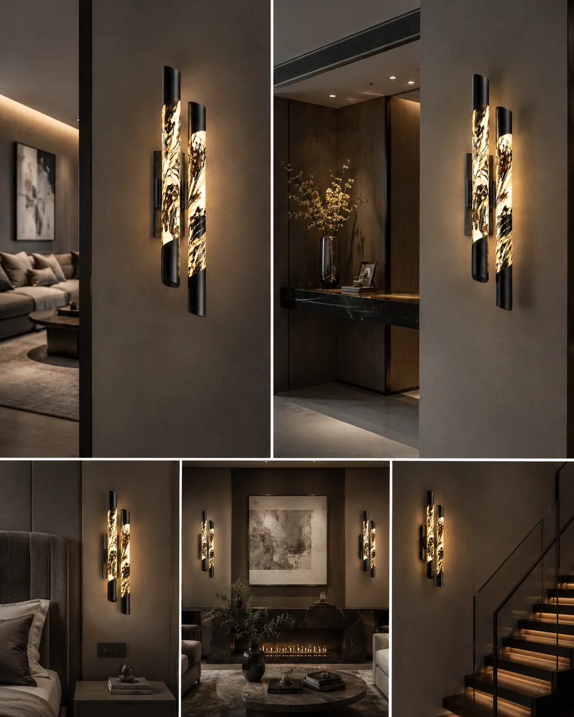 Black Alabaster Double Tube Wall Light 550 mm | Jagmag Lights 5 Black alabaster double tube wall light styled in bedroom, foyer, living room and staircase – Jagmag Lights