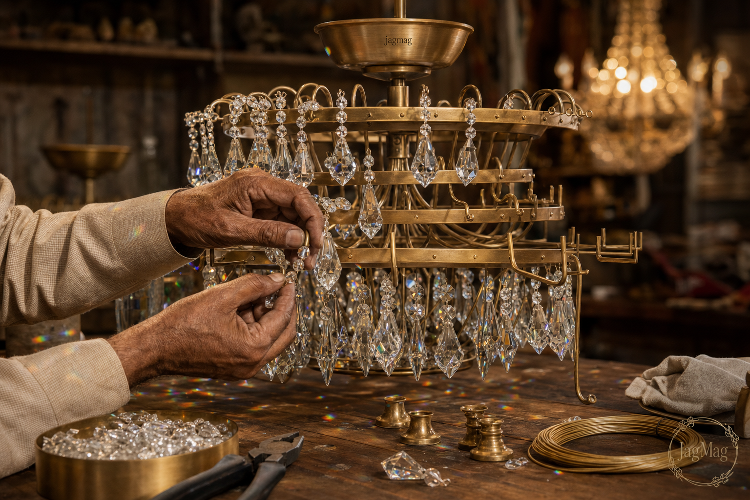 Artisan stringing crystals onto a handmade brass jhumar in an Indian workshop