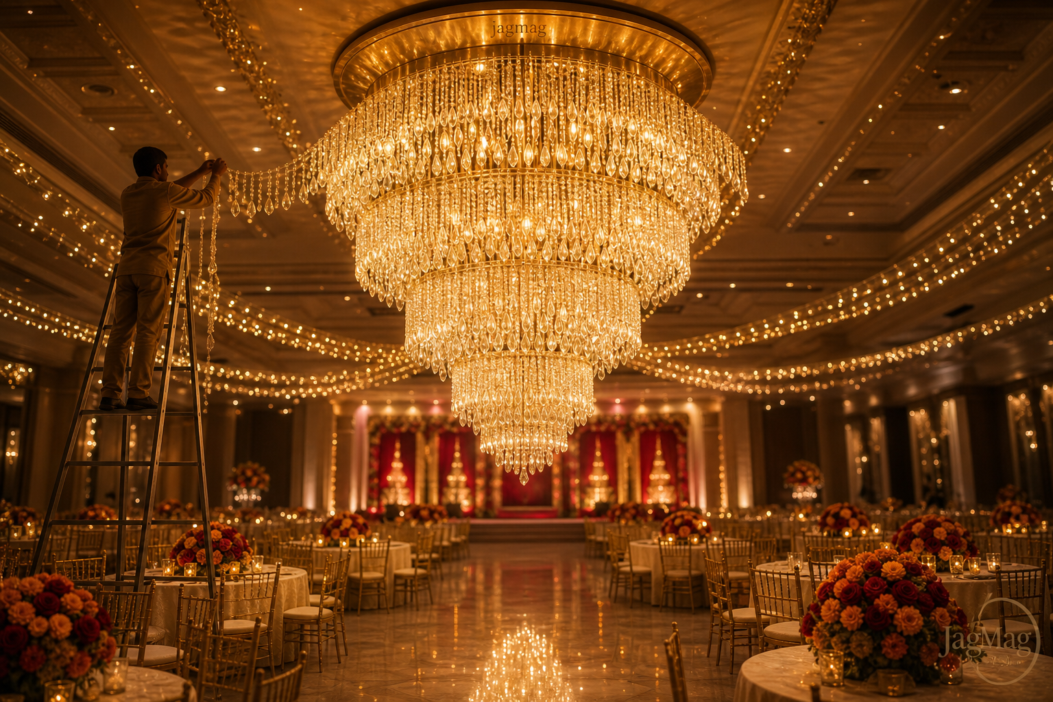 Grand crystal jhumar for wedding glowing over a dressed Indian banquet hall