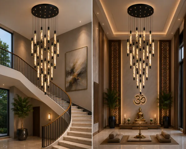 Alabaster cascade chandelier JML-404 in staircase and pooja room