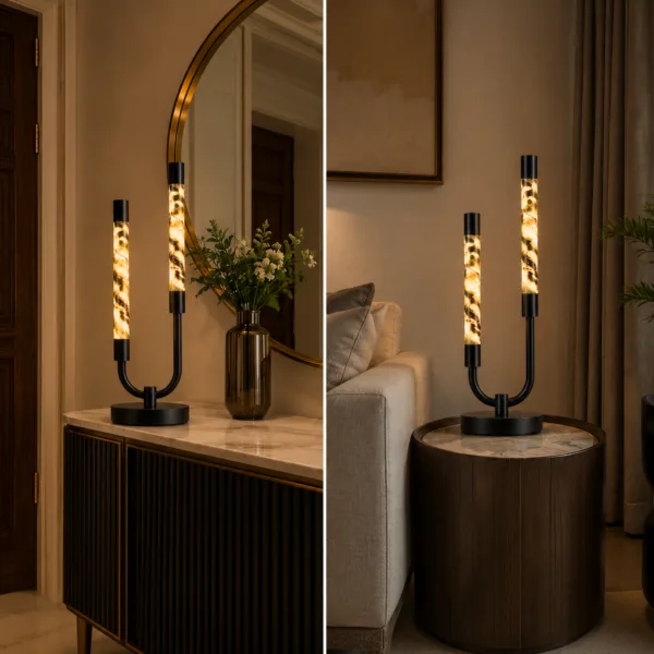 Alabaster Twist Double Table Lamp on console entryway and living room side table