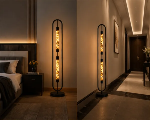Alabaster oval frame floor lamp warm amber glow — 2-light integrated LED natural stone cylinders