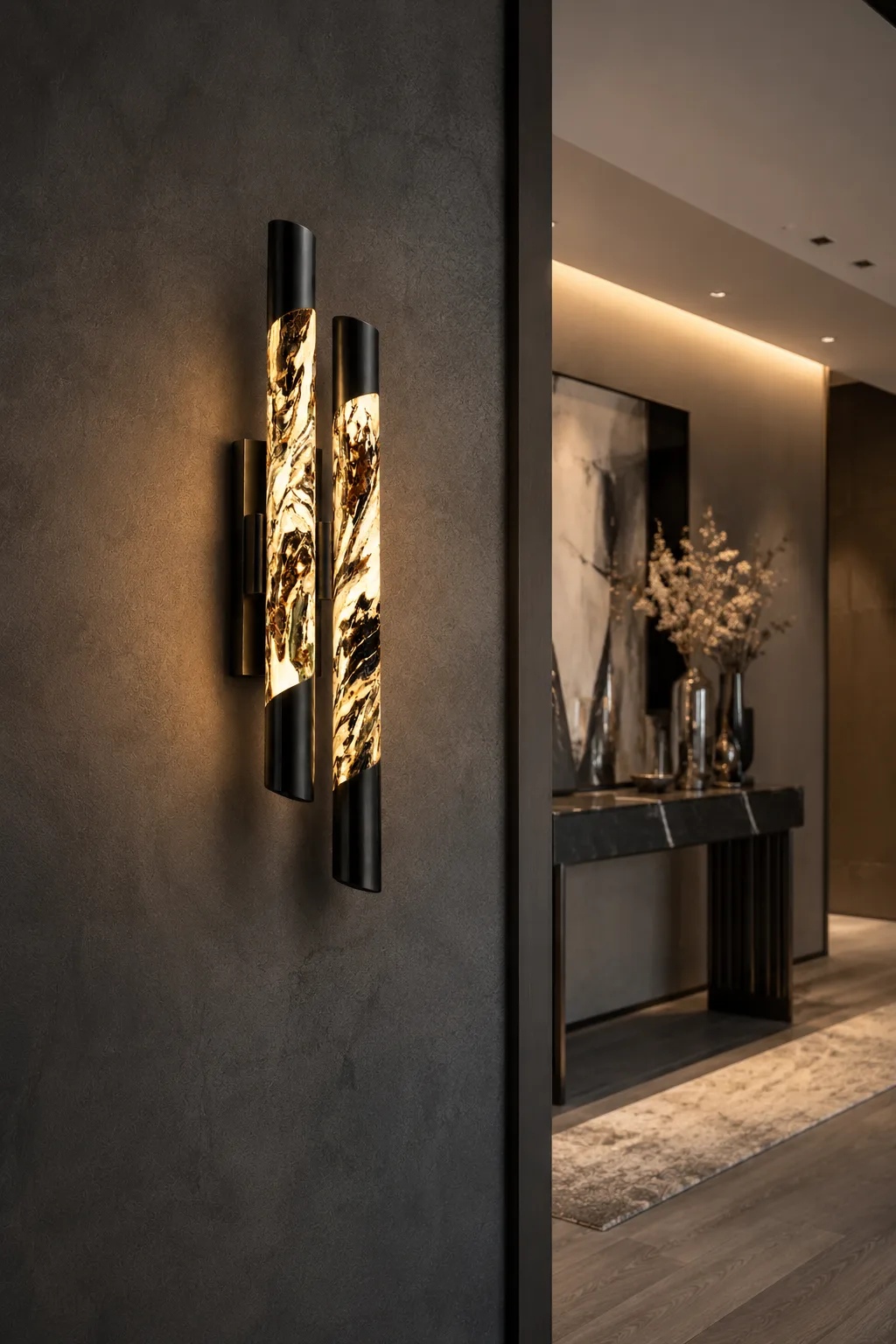 Black Alabaster Double Tube Wall Light 550 mm | Jagmag Lights 6 Natural alabaster cylindrical wall light with black metal frame installed near foyer entrance – Jagmag Lights