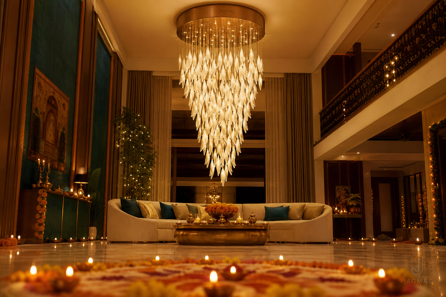 Modern jhumar for hall – white glass-leaf cascade chandelier glowing over a Diwali living room