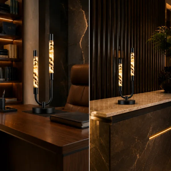 Alabaster twist double table lamp on study desk and hotel reception