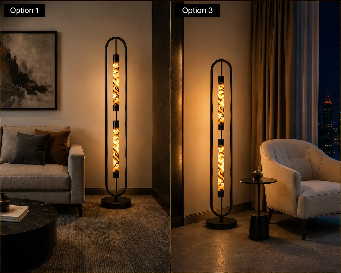 Alabaster Oval Frame Floor Lamp – 2-Light Natural Stone Tower 7 Alabaster oval frame floor lamp oval arch frame detail — matte black metal structure JML-407