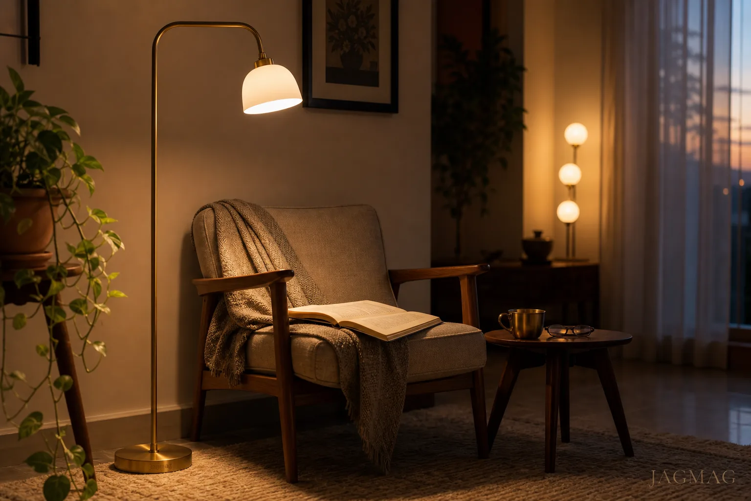 Floor Lamp Buying Guide for Indian Homes: 7 Smart Picks 1 Brass reading floor lamp lighting a cosy armchair corner in an Indian living room at dusk — a floor lamp buying guide hero