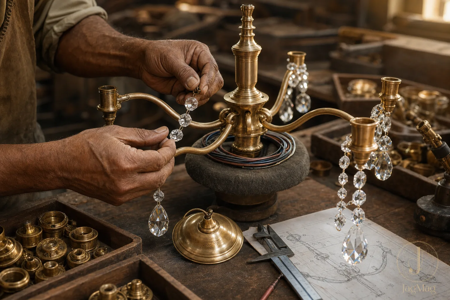 Artisan hands threading a crystal strand onto a half-built brass chandelier in JagMag's Greater Noida workshop