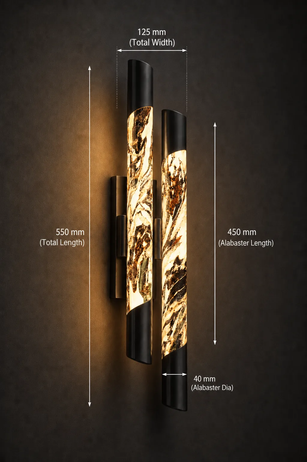 Black Alabaster Double Tube Wall Light 550 mm | Jagmag Lights 7 Black alabaster tube wall light dimension diagram showing 550mm height and 125mm width – Jagmag Lights