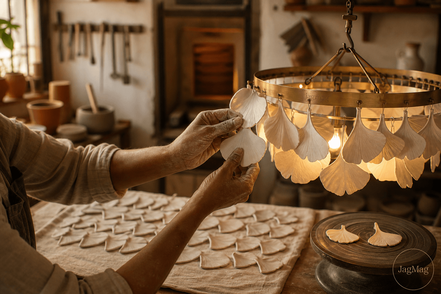 Ceramic chandelier being handcrafted: artisan attaching a white ceramic ginkgo leaf to a glowing brass ring in an Indian workshop
