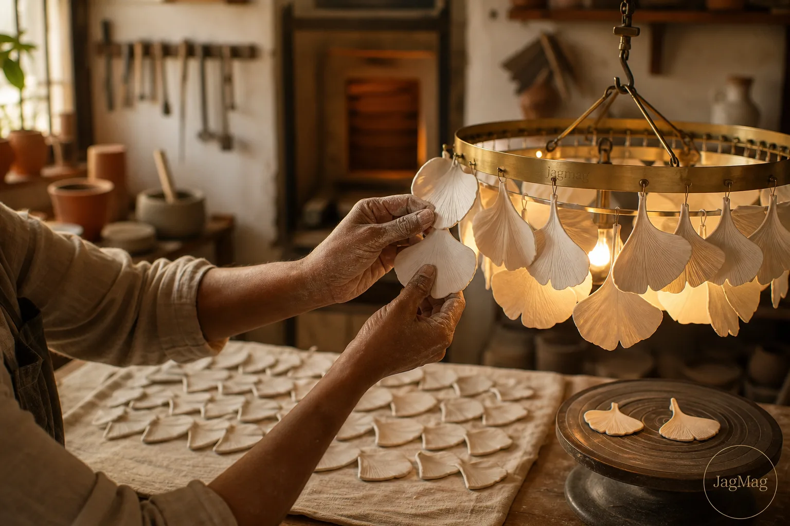 Ceramic Chandelier Guide: Designs & Prices in India 1 Ceramic chandelier being handcrafted: artisan attaching a white ceramic ginkgo leaf to a glowing brass ring in an Indian workshop