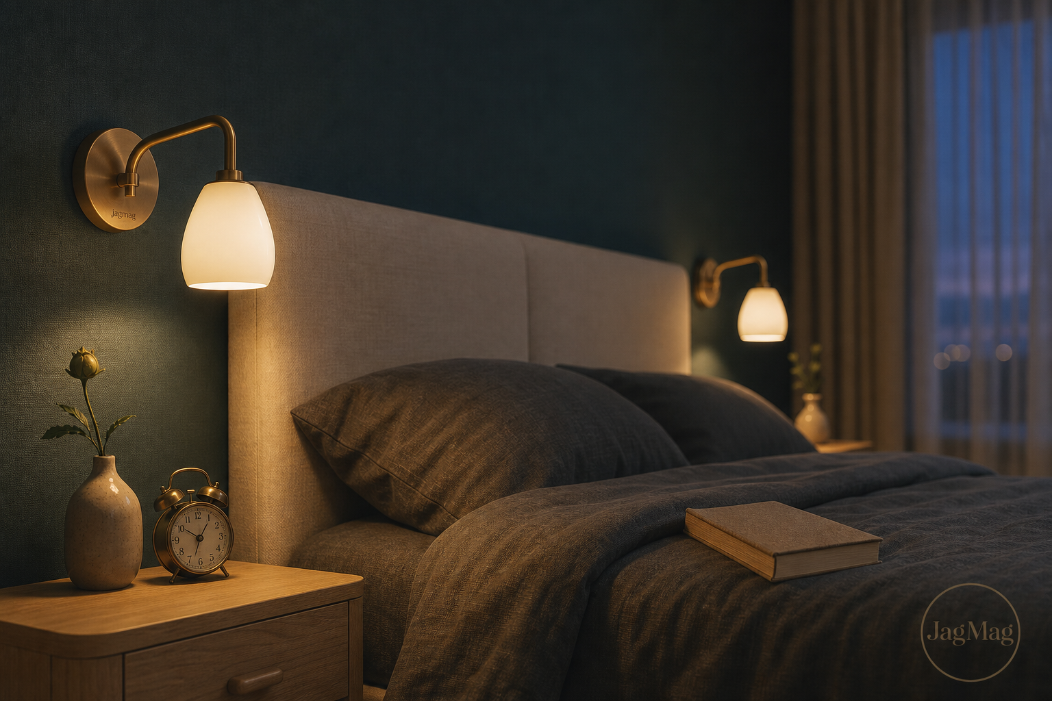 bedroom wall lights — matched warm brass bedside sconces over an upholstered headboard