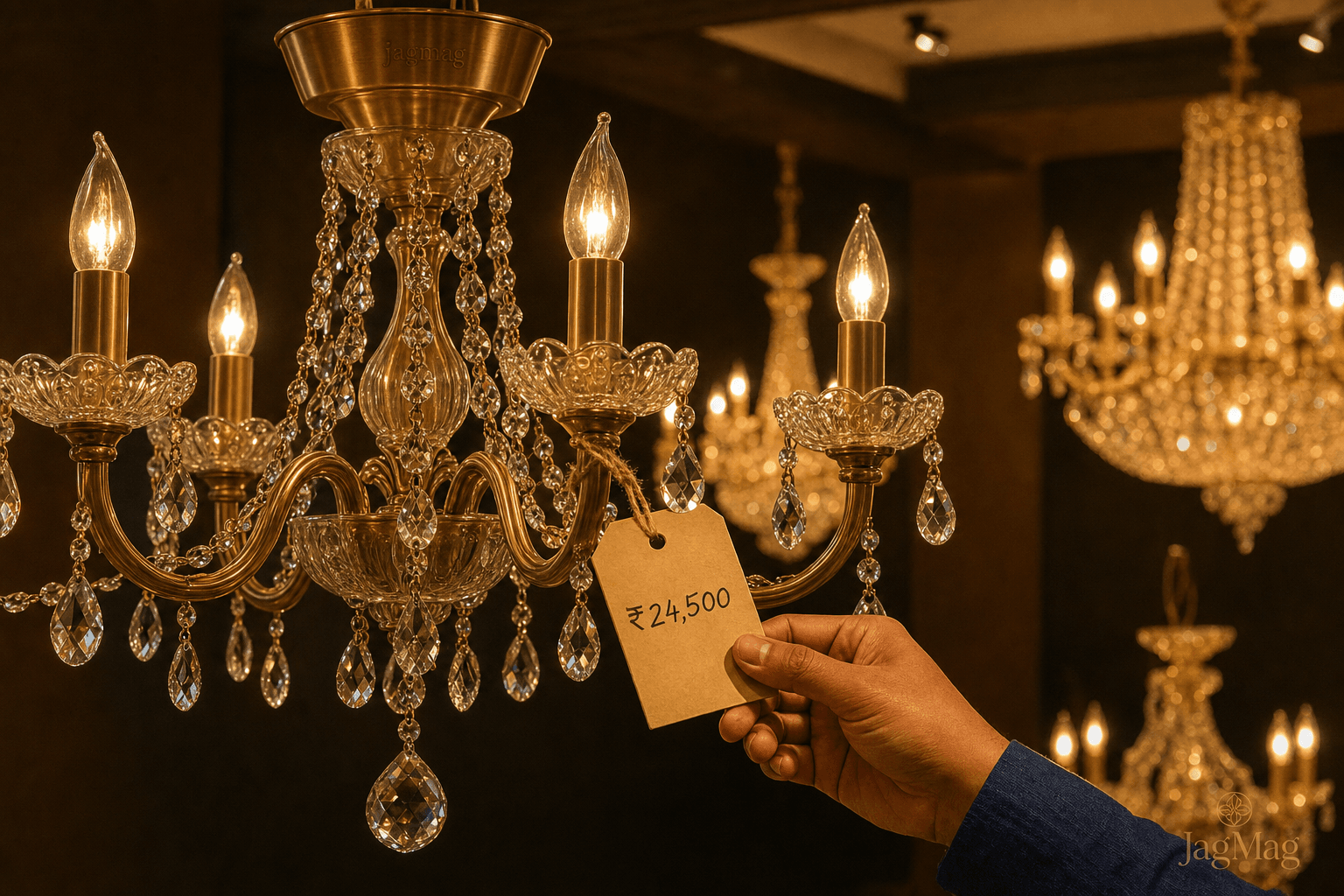 Hand reading a ₹24,500 price tag tied to a brass crystal chandelier in an Indian showroom