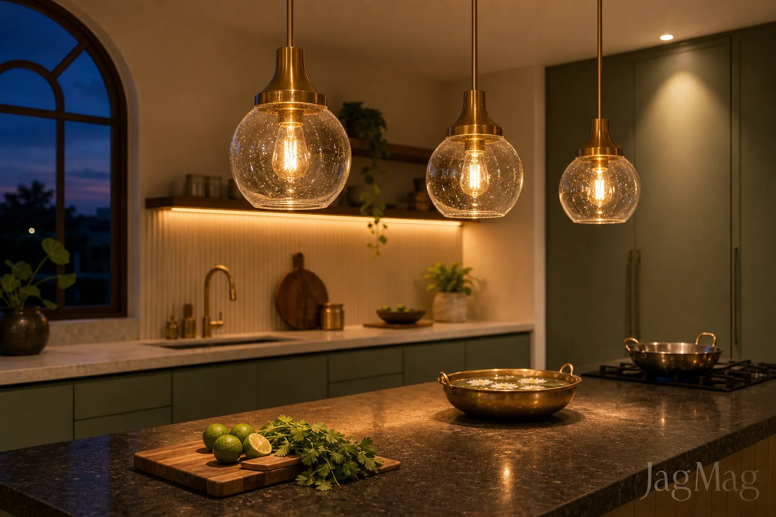Kitchen lighting ideas: three warm brass globe pendant lights glowing over a granite island in a modern Indian kitchen at dusk