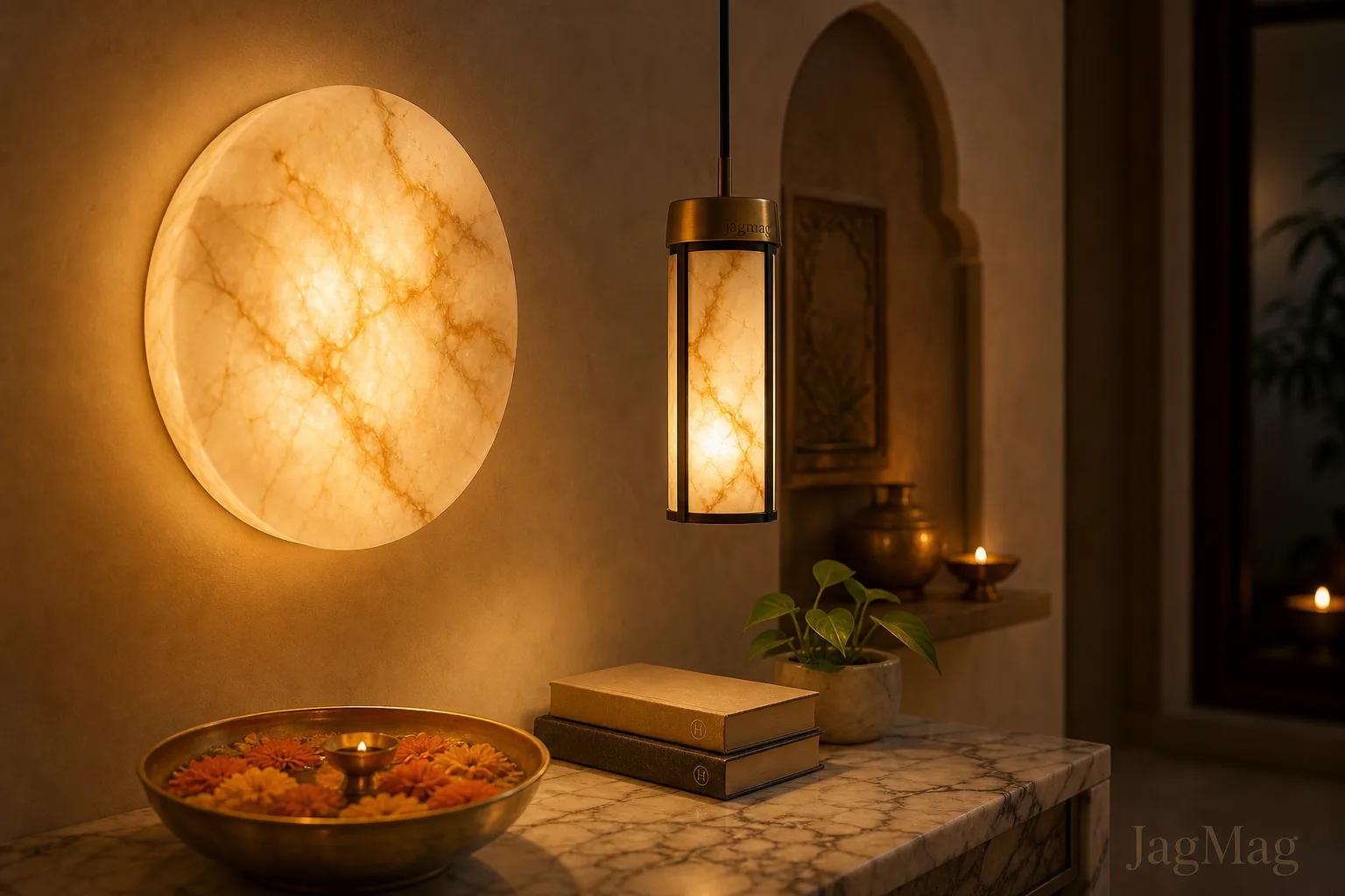 Marble lighting — a glowing alabaster wall light and marble pendant in a warm Indian living room