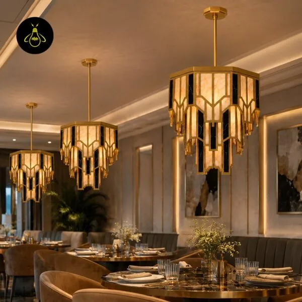 Round alabaster brass chandelier glowing above a dining table