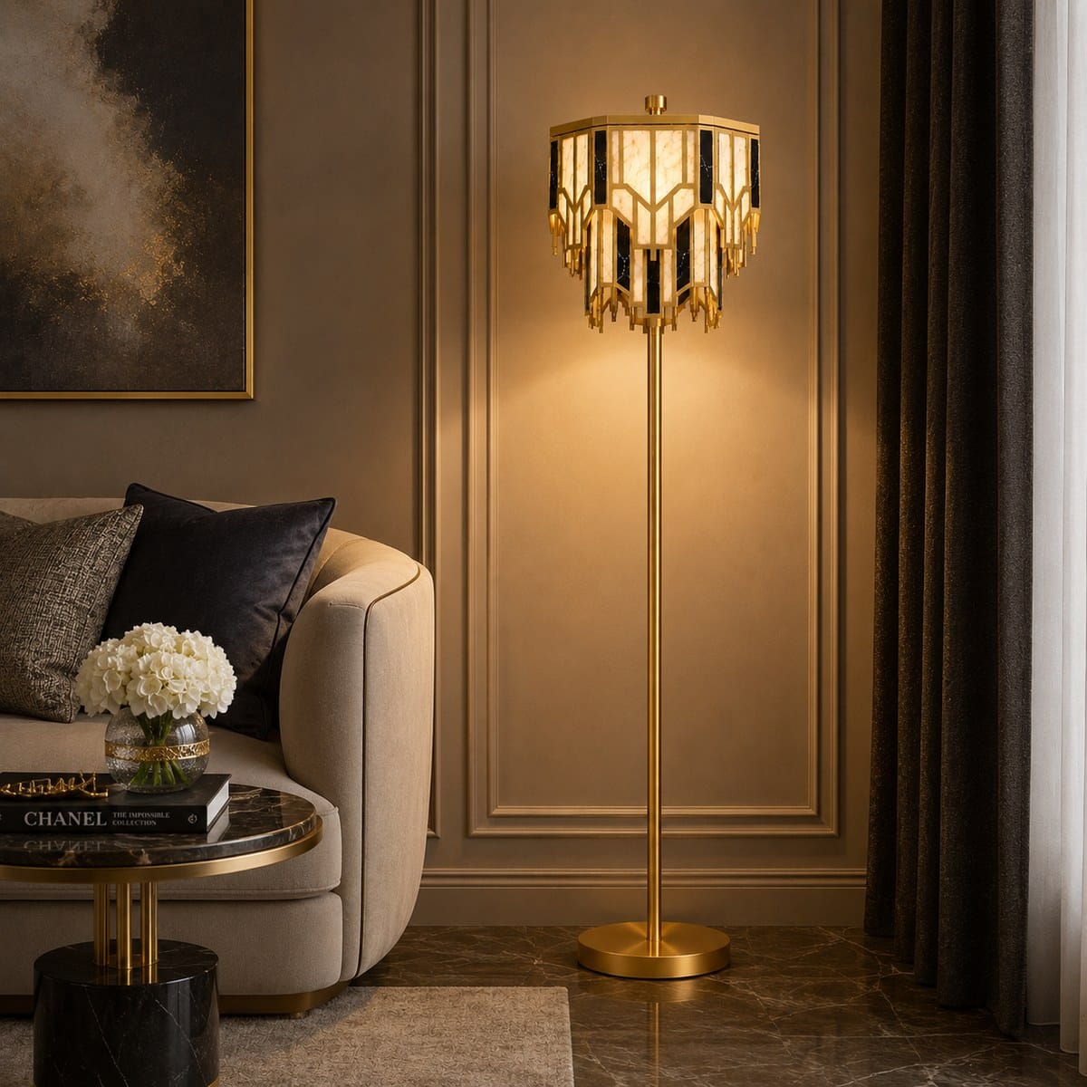 5 Alabaster brass Art Deco floor lamp in a living room corner