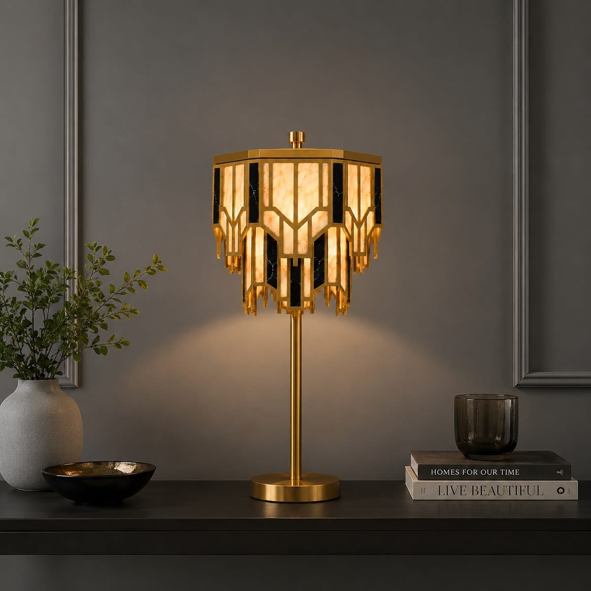 Art Deco Brass Table Lamp – Alabaster & Black Marble-Effect Tiered Shade, for Living Room & Bedside 5 Alabaster brass Art Deco table lamp styled on a console table
