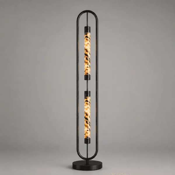 Natural alabaster floor lamp 2-light integrated LED matte black oval arch frame lit view – Jagmag Lights