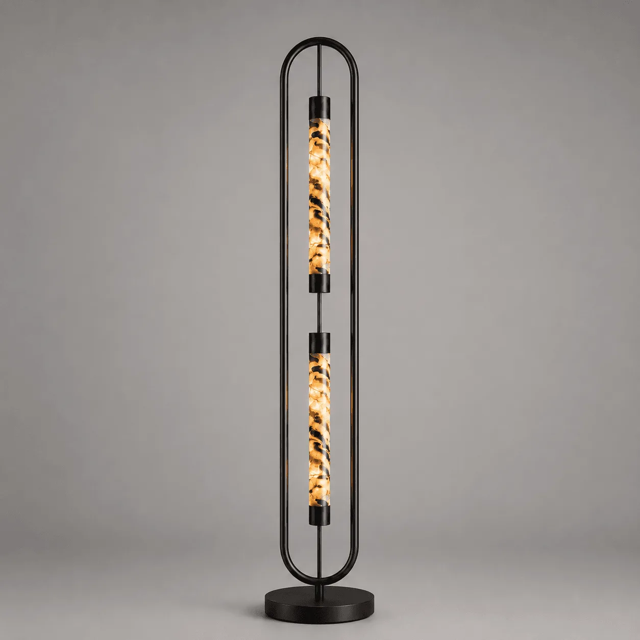 Alabaster Oval Frame Floor Lamp – 2-Light Natural Stone Tower 2 Natural alabaster floor lamp 2-light integrated LED matte black oval arch frame lit view – Jagmag Lights