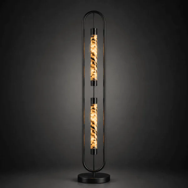 Alabaster oval frame floor lamp warm amber glow through stone on dark background – Jagmag Lights