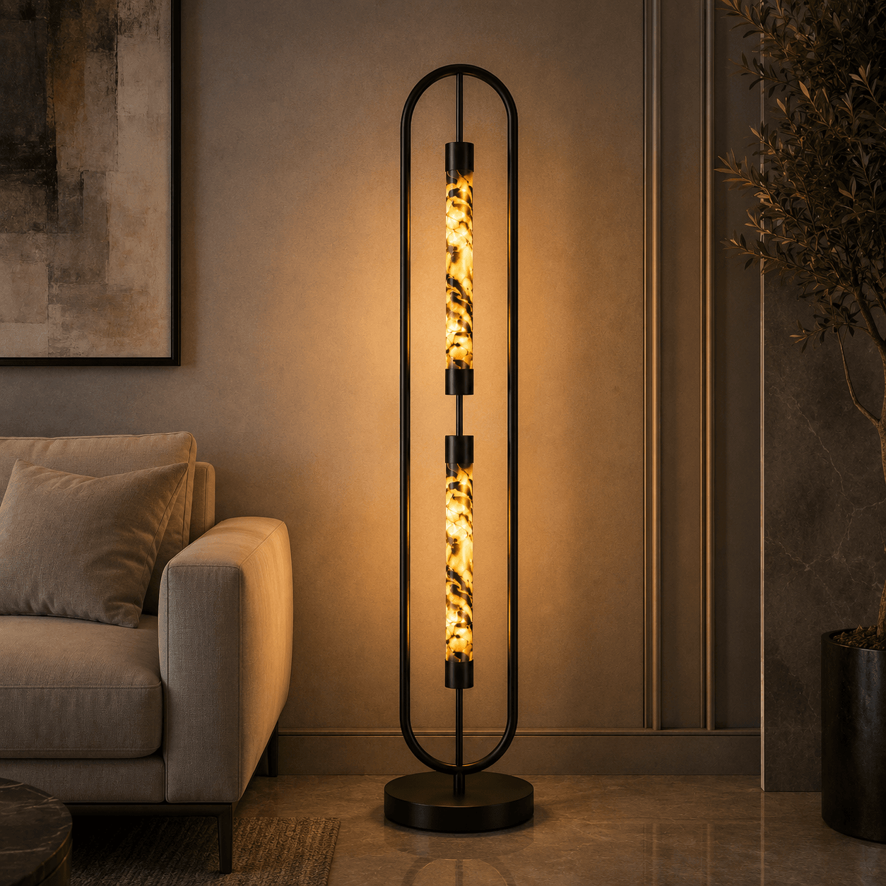 Alabaster floor lamp with warm amber glow in living room corner beside beige sofa – Jagmag Lights