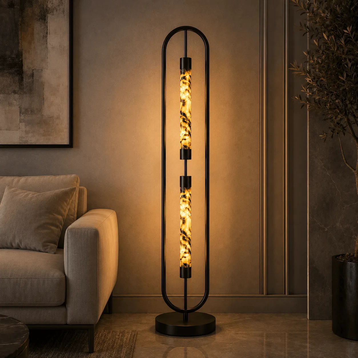 Alabaster floor lamp with warm amber glow in living room corner beside beige sofa – Jagmag Lights