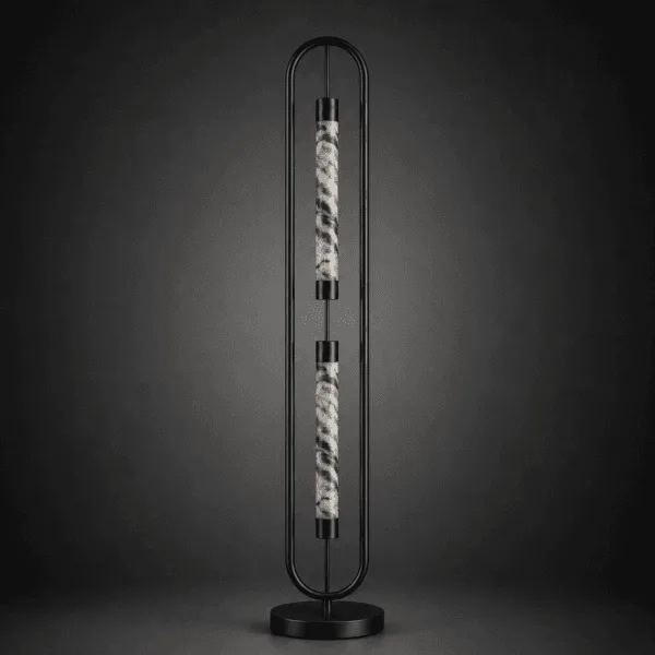 Alabaster floor lamp sculptural view pale stone cylinders matte black oval arch switched off – Jagmag Lights
