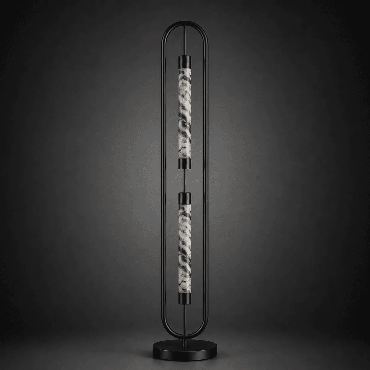 Alabaster Oval Frame Floor Lamp – 2-Light Natural Stone Tower 5 Alabaster floor lamp sculptural view pale stone cylinders matte black oval arch switched off – Jagmag Lights