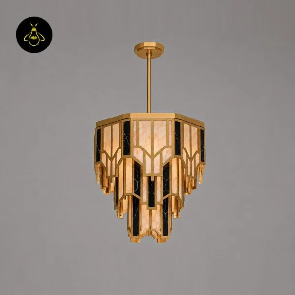 Round Art Deco brass chandelier with alabaster and black marble panels glowing warm