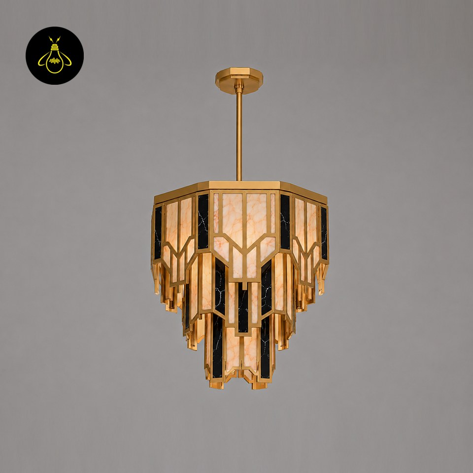 Round Art Deco brass chandelier with alabaster and black marble-effect panels glowing warm
