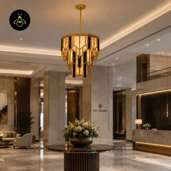 Art Deco brass alabaster chandelier lit in a luxury living room