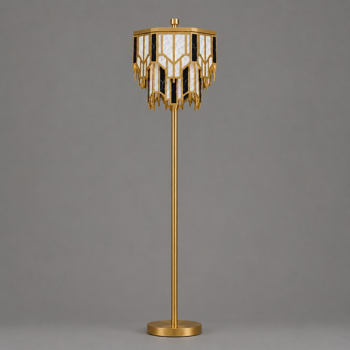 165 cm Art Deco brass floor lamp with tiered alabaster and black marble-effect shade, lit