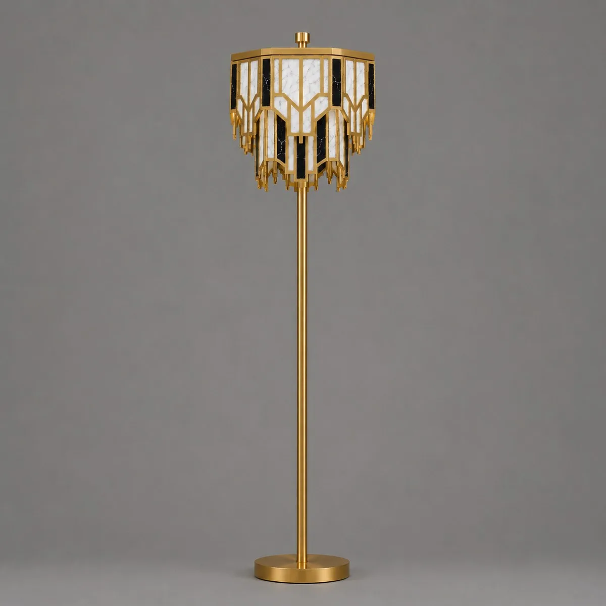 165 cm Art Deco brass floor lamp with tiered alabaster and black marble-effect shade, lit