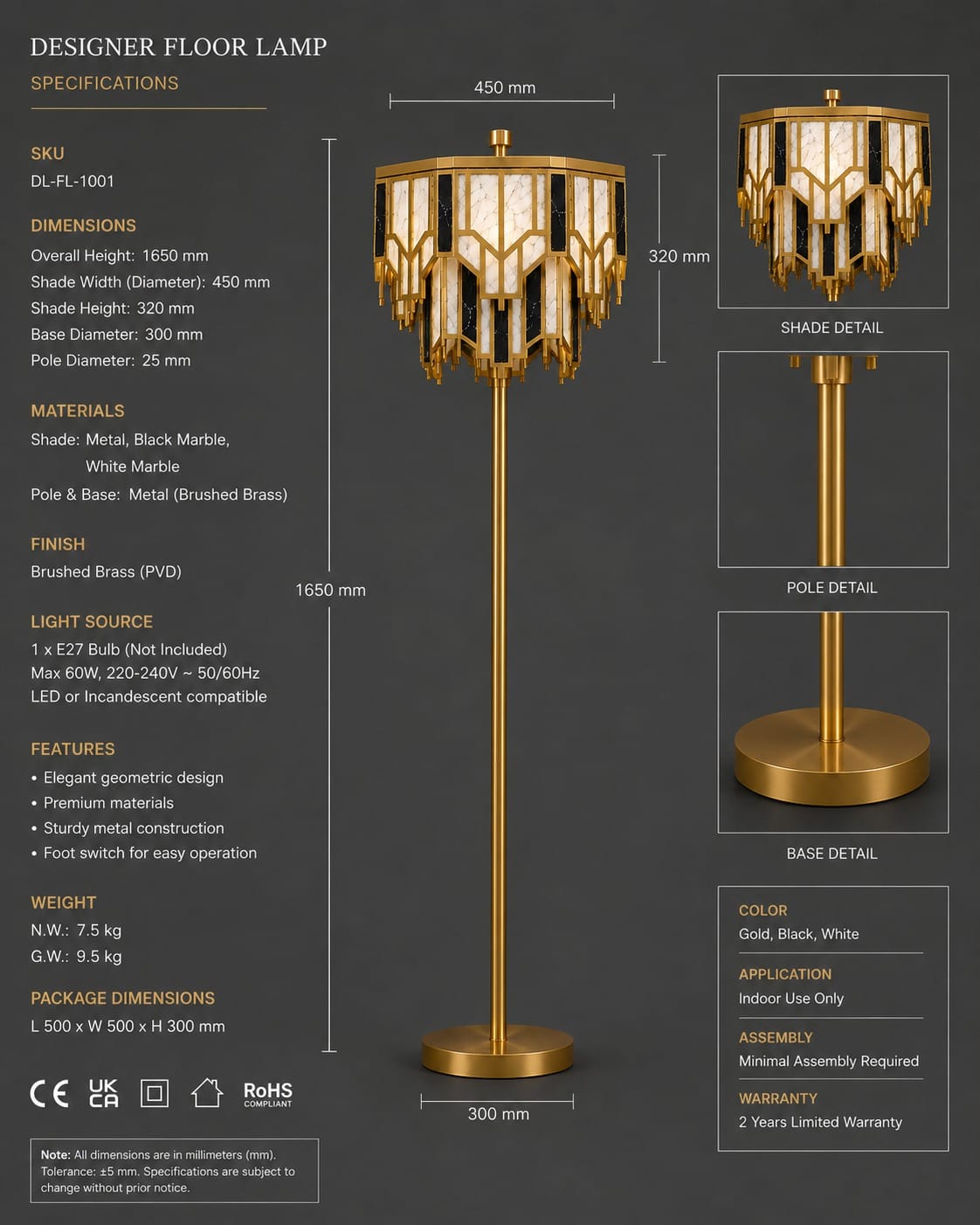 6 Dimension drawing of Art Deco brass floor lamp, 1650 mm tall, 450 mm shade, 300 mm base
