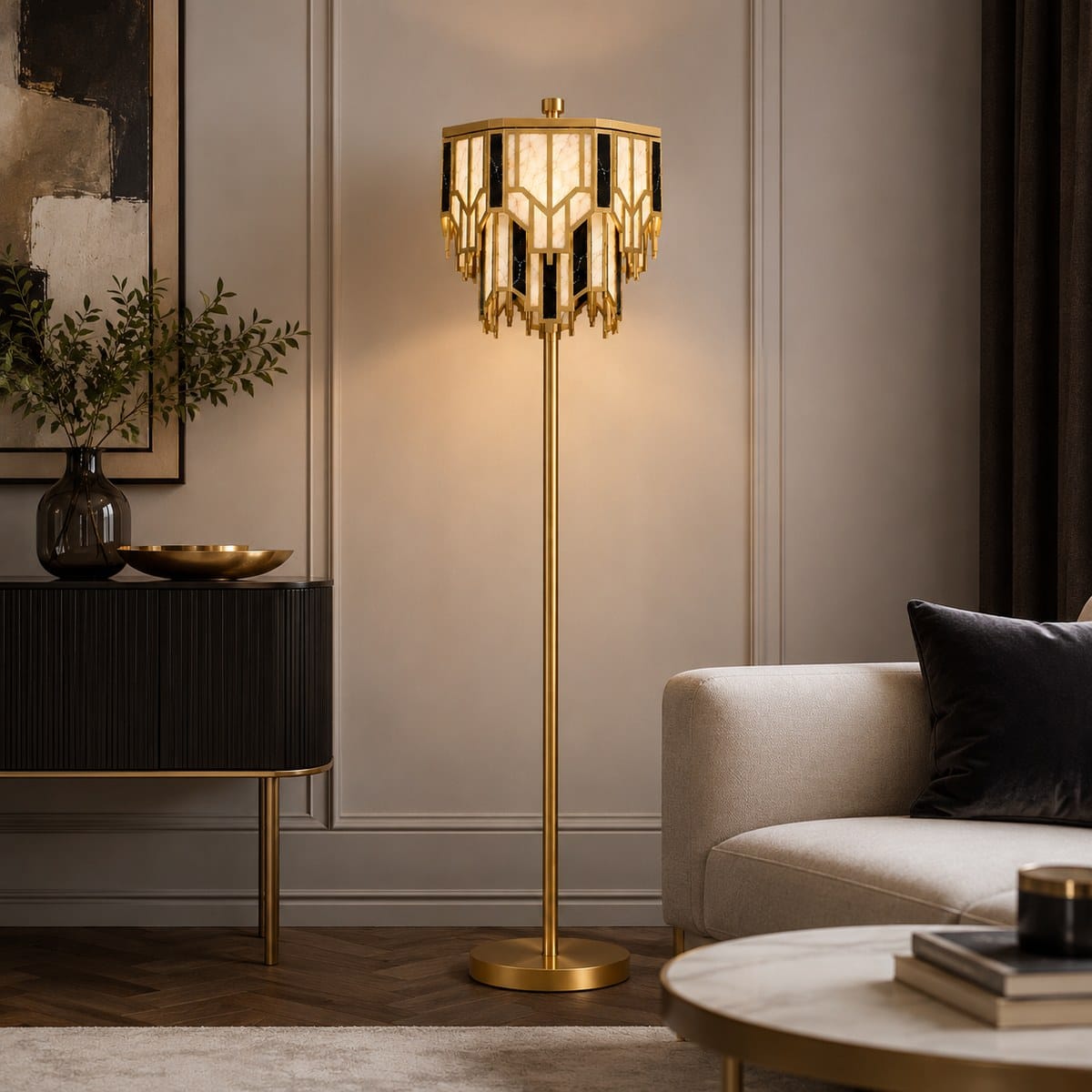 3 Art Deco brass floor lamp glowing beside a sofa in a luxury living room