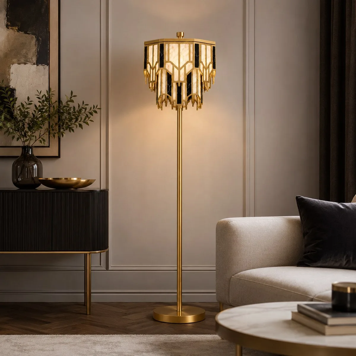 Art Deco Brass Floor Lamp – 165 cm Alabaster & Black Marble Shade | Jagmag Lights 3 Art Deco brass floor lamp glowing beside a sofa in a luxury living room
