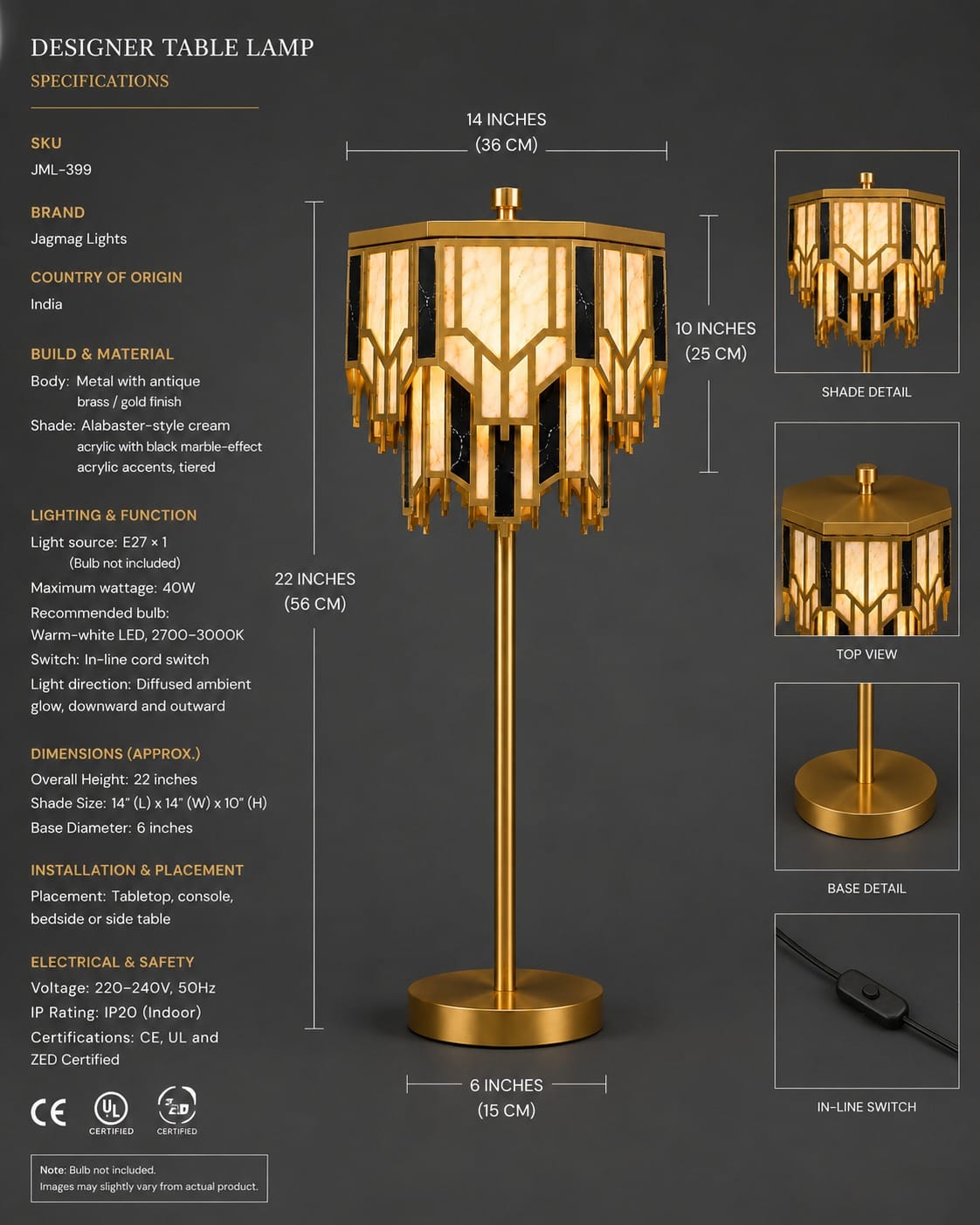 Art Deco Brass Table Lamp – Alabaster & Black Marble-Effect Tiered Shade, for Living Room & Bedside 6 Dimension drawing of Art Deco brass table lamp, 56 cm tall, 36 cm shade, 15 cm base