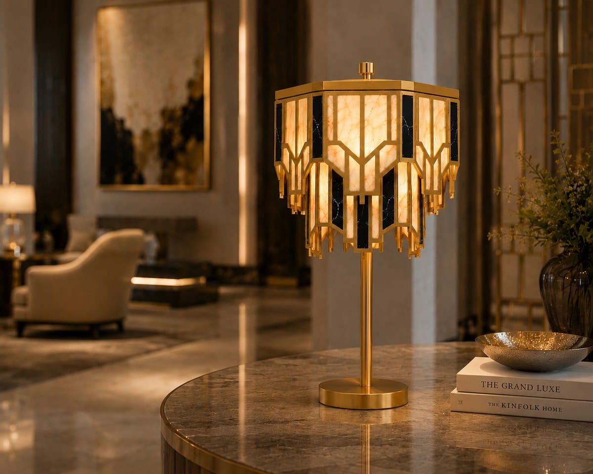 Art Deco Brass Table Lamp – Alabaster & Black Marble-Effect Tiered Shade, for Living Room & Bedside 3 Art Deco brass table lamp glowing on a marble console in a living room